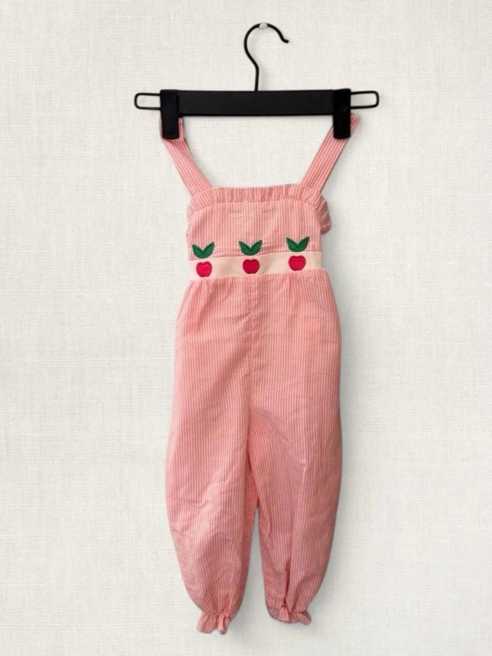 Pink Kids Overalls with Apple Embroidery